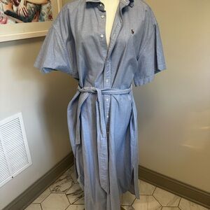 Polo by Ralph Lauren Light Blue Button-Up Shirt Dress with Tie Waist